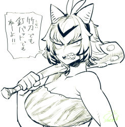 Rule 34 | 1girl, bandeau, breasts, cleavage, club (weapon), creatures (company), electabuzz, fake horns, game freak, gen 1 pokemon, greyscale, hairband, horns, large breasts, monochrome, multicolored hair, nintendo, oni horns, personification, pokemon, sharp teeth, short hair, signature, solo, spacezin, streaked hair, sweatdrop, teeth, translation request, upper body, weapon
