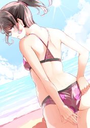 Rule 34 | 1girl, adjusting clothes, adjusting swimsuit, ass, back, beach, bikini, black hair, breasts, brown eyes, cloud, commentary request, day, from behind, hair ornament, hair scrunchie, highres, horizon, looking at viewer, looking back, nyoijizai, ocean, open mouth, original, outdoors, pink bikini, ponytail, scrunchie, shoulder blades, sky, small breasts, solo, standing, sun, swimsuit
