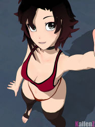 Rule 34 | 1girl, 3d, artist name, black hair, breasts, choker, cleavage, from above, grey eyes, highres, kallenz, large breasts, looking at viewer, multicolored hair, red hair, ruby rose, rwby, selfie, short hair, smile, solo, sports bra, thighhighs, thighs, toeless legwear