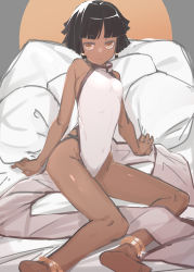 Rule 34 | 1girl, anklet, bare arms, bare shoulders, barefoot, bed, black hair, blunt bangs, blunt ends, breasts, brown eyes, character request, closed mouth, collar, commentary request, copyright request, covered navel, dark-skinned female, dark skin, dress, highres, jewelry, looking at viewer, on bed, pelvic curtain, pillow, short hair, side slit, sitting, sketch, sleeveless, small breasts, soles, solo, toes, tostos, white dress