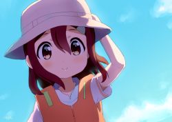 Rule 34 | 1girl, aayh, arm up, blue sky, blush, brown eyes, brown hair, brown hat, closed mouth, cloud, commentary request, day, fukumoto futaba, hair between eyes, hair ornament, hairclip, hand on headwear, hat, life vest, long hair, looking at viewer, outdoors, shirt, short sleeves, signature, sky, slow loop, smile, solo, upper body, white shirt