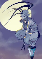 Rule 34 | 1girl, antenna hair, bandaged arm, bandaged foot, bandages, bare shoulders, black hair, commentary request, dougi, expressionless, feet, fingerless gloves, full moon, gloves, hair flowing over, heel-less legwear, highres, hip vent, ibuki (street fighter), kotatsu (g-rough), kunai, lamppost, looking to the side, moon, night, night sky, ninja, pale skin, shiny skin, signature, sketch, sky, solo, street fighter, tiptoes, toeless legwear, toenails, weapon