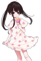 Rule 34 | 1girl, :p, child, dress, female focus, food, food print, highres, holding food, holding ice cream, honnryou hanaru, ice cream, original, simple background, solo, strawberry print, tongue, tongue out, twintails, white background