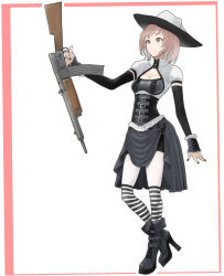 Rule 34 | 1girl, 3f1n92k0, ankle boots, arm warmers, belt boots, boots, brown hair, cleavage cutout, clothing cutout, commentary, cross-laced footwear, full body, gothic lolita, gun, hat, high heel boots, high heels, holding, holding gun, holding weapon, lace-up boots, lolita fashion, nail polish, original, puffy short sleeves, puffy sleeves, short hair, short sleeves, simple background, solo, striped clothes, striped legwear, striped thighhighs, thighhighs, volkssturmgewehr, weapon, white legwear