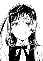 Rule 34 | 1girl, absurdres, blush, closed mouth, collared shirt, commentary, commentary request, english commentary, furrowed brow, greyscale, highres, long hair, looking at viewer, love live!, love live! nijigasaki high school idol club, mixed-language commentary, monochrome, neck ribbon, nijigasaki academy school uniform, one side up, ribbon, school uniform, shirt, smile, solo, summer uniform, tommer, upper body, vest, white background, yuki setsuna (love live!)