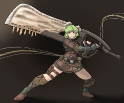 Rule 34 | 1girl, absurdres, armor, belt, belt pouch, boots, closed mouth, commentary request, crossover, dress, fingerless gloves, full body, gauntlets, gloves, greatsword, green hair, highres, holding, holding sword, holding weapon, holster, huge weapon, insect cage, kazami yuuka, knife, long sleeves, looking at viewer, monster hunter (series), over shoulder, pouch, red eyes, short dress, short hair, shorts, skinnytorch, smile, solo, standing, sword, thigh holster, thigh strap, touhou, vest, weapon, weapon over shoulder