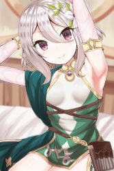 Rule 34 | &gt;:), 1girl, absurdres, armpits, arms up, bare shoulders, bed sheet, blurry, blurry background, blush, closed mouth, commentary request, covered collarbone, depth of field, detached sleeves, dress, flower, hair between eyes, hair flower, hair ornament, highres, kokkoro (princess connect!), long sleeves, masa masa, pointy ears, princess connect!, puffy long sleeves, puffy sleeves, purple eyes, see-through, see-through sleeves, silver hair, sitting, sleeveless, sleeveless dress, smile, solo, split mouth, v-shaped eyebrows, white dress, white flower