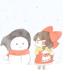 Rule 34 | 1girl, black scarf, blue background, bow, brown hair, chibi, commentary, cyu ta, detached sleeves, dress, full body, hair bow, hair tubes, hakurei reimu, hat, highres, long sleeves, red bow, red dress, red scarf, scarf, snow, snowing, snowman, socks, solo, symbol-only commentary, touhou, white socks, wide sleeves, witch hat