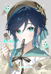 1boy alternate_costume androgynous beret black_hair blue_hair braid closed_mouth flower food genshin_impact gradient_hair green_eyes green_sailor_collar groin hair_ornament hat hat_flower highres holding ice_cream kkopoli long_sleeves looking_at_viewer male_focus multicolored_hair neck_ribbon ribbon sailor_collar shirt short_hair_with_long_locks simple_background solo twin_braids upper_body venti_(genshin_impact) white_flower