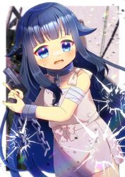 Rule 34 | 1girl, a01 (vtuber), bandaged arm, bandages, blue eyes, blue hair, blush, bullet hole, chain, collar, collarbone, commentary request, commission, cuffs, dress, glock, grey dress, gun, hair flaps, handgun, holding, holding gun, holding weapon, indie virtual youtuber, kou hiyoyo, long hair, metal collar, parted lips, skeb commission, sleeveless, sleeveless dress, solo, sweat, tears, very long hair, virtual youtuber, wavy mouth, weapon