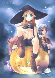 Rule 34 | 3girls, boots, halloween, hat, jack-o&#039;-lantern, multiple girls, okotan (dewdrops), original, pumpkin, witch hat