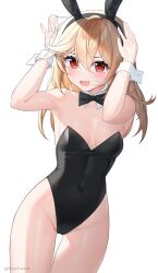 Rule 34 | 1girl, absurdres, animal ears, arms up, black bow, black bowtie, blonde hair, blush, bow, bowtie, breasts, collarbone, covered navel, cuff links, detached collar, fake animal ears, fang, girls&#039; frontline, hair between eyes, highres, leotard, long hair, looking at viewer, nagant revolver (girls&#039; frontline), open mouth, playboy bunny, rabbit ears, red eyes, rynzfrancis, simple background, skin fang, small breasts, smile, solo, twitter username, white background