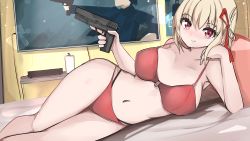 Rule 34 | 1girl, arm support, bed, bed sheet, blonde hair, bow, bra, breasts, commission, denyel, ears, feet, gun, hair bow, handgun, highres, knees, legs, lycoris recoil, navel, nishikigi chisato, nose, panties, pillow, pistol, red bra, red panties, stomach, television, thighhighs, thighs, underwear, wall, weapon