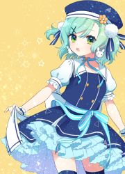 Rule 34 | 1girl, :o, alternate hairstyle, aqua hair, back bow, bang dream!, beret, blue dress, blue hat, blue ribbon, blush, bow, buttons, choker, commentary request, cosplay, cosplay request, double-breasted, dress, earrings, flower, frilled sleeves, frills, gochuumon wa usagi desu ka?, green eyes, hair ornament, hair ribbon, hat, hat flower, highres, hikawa hina, hinakano h, holding, holding ribbon, jewelry, looking at viewer, making-of available, orange flower, pom pom (clothes), rabbit earrings, ribbon, ribbon choker, short hair, short sleeves, solo, star (symbol), striped ribbon, two side up, wrist cuffs, x hair ornament, yellow background