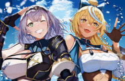 Rule 34 | 2girls, :d, absurdres, armor, asymmetrical hair, black gloves, blonde hair, blue bow, blue dress, blue shirt, blue sky, blush, bow, braid, breastplate, breasts, center opening, cleavage, clothing cutout, cloud, cloudy sky, commentary, crossed bangs, dark-skinned female, dark skin, day, dress, fingerless gloves, framed breasts, gloves, green eyes, grin, hair between eyes, hair bow, highres, hololive, large breasts, long hair, looking at viewer, maruno ball, medium breasts, multicolored hair, multiple girls, one eye closed, open mouth, outdoors, pointy ears, ponytail, shiranui flare, shiranui flare (old design), shirogane noel, shirogane noel (1st costume), shirt, short hair, shoulder armor, shoulder cutout, single braid, sky, smile, splashing, streaked hair, tassel, tiara, two-tone hair, two-tone shirt, underbust, upper body, vambraces, virtual youtuber, water drop, waving, white hair, white shirt, wing collar, yellow eyes