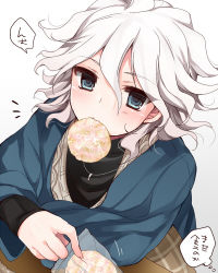 Rule 34 | 1girl, black sweater, blue eyes, blue jacket, blush, commentary request, danganronpa (series), danganronpa 2: goodbye despair, food, food in mouth, gradient background, grey background, grey hair, hair between eyes, holding, hoshihuri, jacket, komaeda nagito, long sleeves, looking at viewer, messy hair, mouth hold, plaid, simple background, solo, speech bubble, sweater, translation request, upper body, white hair