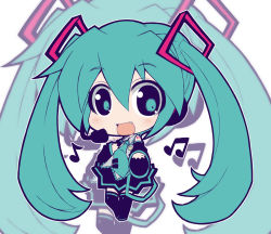 Rule 34 | 1girl, aqua eyes, aqua hair, chibi, crazy developers, detached sleeves, fang, female focus, hatsune miku, long hair, musical note, necktie, skirt, smile, solo, thighhighs, twintails, vocaloid