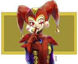 Rule 34 | 1girl, bodysuit, chrono cross, closed mouth, commentary request, facepaint, gloves, harlequin, hat, jester, jester cap, looking at viewer, red eyes, red gloves, smile, solo, tassel, harle (chrono cross)
