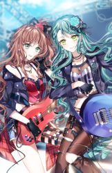 Rule 34 | 2girls, aqua flower, aqua hair, aqua rose, artist name, bang dream!, bass guitar, black bow, black gloves, black jacket, black ribbon, blurry, blurry background, bow, breasts, brown hair, cable, cleavage, collar, crop top, cropped jacket, denim, denim shorts, earrings, electric guitar, fingerless gloves, floral print, flower, garter straps, gloves, green eyes, guitar, hair bow, hair flower, hair ornament, hair ribbon, heart pendant, hikawa sayo, hoop earrings, imai lisa, instrument, jacket, jewelry, long hair, looking at viewer, midriff, multiple girls, music, nennen, o-ring, one side up, open mouth, playing instrument, red collar, red flower, red rose, red shirt, ribbon, rose, rose print, shirt, shorts, single thighhigh, small breasts, smile, striped clothes, striped shirt, studded jacket, thigh strap, thighhighs, triangle earrings, twitter username, vertical-striped clothes, vertical-striped shirt, zipper