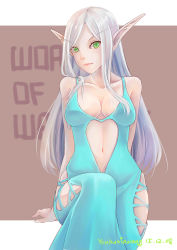 Rule 34 | 1girl, absurdres, arm support, artist name, bare shoulders, blood elf (warcraft), blue dress, breasts, cleavage, clothing cutout, dress, elf, green eyes, heart cutout, highres, hip bones, hip vent, lips, long eyebrows, long hair, medium breasts, navel, navel cutout, no bra, pointy ears, silver hair, sitting, solo, warcraft, world of warcraft, you hu xiao lang