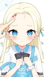 Rule 34 | 1girl, blonde hair, blue archive, blue eyes, blush, forehead, halo, highres, inuyama nanami, long hair, looking at viewer, scrunchie, simple background, solo, sora (blue archive), sweat, upper body, white background, wrist scrunchie