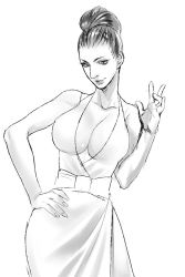 Rule 34 | 1girl, breasts, cleavage, dress, excella gionne, female focus, hair bun, highres, image sample, katou teppei, large breasts, monochrome, no bangs, pixiv sample, resident evil, resident evil 5, resized, simple background, single hair bun, solo