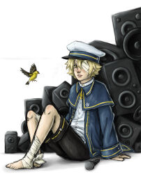 Rule 34 | 1boy, absurdres, animal, bandage over one eye, bandaged leg, bandages, bird, black shorts, blonde hair, blue capelet, blue jacket, capelet, commentary, dal segno (symbol), english commentary, finch, hat, highres, jacket, james (vocaloid), knees apart feet together, knees up, lawlietlk, lips, long sleeves, looking at viewer, male focus, microphone, musical note, musical note print, official art, oliver (vocaloid), one eye covered, parted lips, peaked cap, shirt, shorts, sitting, speaker, too many, vocaloid, white background, white shirt, yellow eyes