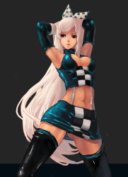 Rule 34 | 00s, 1girl, absurdres, armpits, arms behind head, arms up, bare shoulders, black background, black thighhighs, bow, breasts, cleavage cutout, clothing cutout, crop top, dungeon and fighter, elbow gloves, fighter (dungeon and fighter), gloves, hair bow, highres, long hair, md5 mismatch, medium breasts, midriff, miniskirt, navel, parted lips, pencil skirt, polka dot, polka dot bow, qbspdl, red eyes, skirt, solo, thighhighs, very long hair, white hair