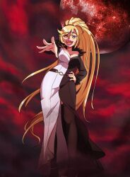 Rule 34 | 1girl, :d, absurdly long hair, bare shoulders, belt, black belt, blonde hair, breasts, cleavage, dress, fur trim, heterochromia, high ponytail, highres, hilda (under night in-birth), large breasts, lipstick, long dress, long hair, long sleeves, looking at viewer, makeup, moon, multicolored clothes, multicolored dress, nail polish, nyoomdoesstuff, off-shoulder dress, off shoulder, open mouth, ponytail, purple lips, purple nails, red eyes, red moon, red sky, sky, smile, solo, swept bangs, two-tone dress, under night in-birth, very long hair