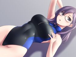 Rule 34 | 1girl, black one-piece swimsuit, breasts, commentary request, cowboy shot, dutch angle, front zipper swimsuit, glasses, grey background, grey hair, highres, idolmaster, idolmaster cinderella girls, long hair, looking at viewer, medium breasts, meme attire, one-piece swimsuit, pataneet, purple eyes, semi-rimless eyewear, simple background, sleeveless, solo, swimsuit, turtleneck, yagami makino