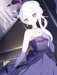 Rule 34 | 1girl, absurdres, bare shoulders, blue archive, dress, elbow gloves, gloves, highres, hina (blue archive), long hair, looking at viewer, madakov kodima, open mouth, purple dress, purple eyes, solo, white hair