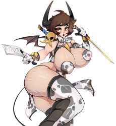 Rule 34 | 1girl, animal print, bare shoulders, borrowed character, breasts, brown eyes, brown hair, cow girl, cow print, curvy, covered erect nipples, eyeshadow, fishnets, highres, horns, huge breasts, looking at viewer, makeup, ninja, original, parted lips, skull, slugbox, smile, solo, tail, thick thighs, thighhighs, thighs, weapon, wide hips, wings