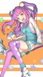 Rule 34 | 1girl, :d, ankle boots, bag, blunt bangs, blush, boots, broom, broom riding, commentary request, copyright request, green sweater, handbag, high heel boots, high heels, highres, kotoribako, looking at viewer, open mouth, orange background, pleated skirt, purple hair, purple thighhighs, red eyes, ribbed sweater, sitting, skirt, smile, solo, star-shaped pupils, star (symbol), sweater, symbol-shaped pupils, thighhighs, twintails, yellow eyes
