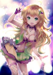 Rule 34 | 1girl, blonde hair, blurry, blurry background, breasts, choker, cleavage, fingerless gloves, fishnet thighhighs, fishnets, floating hair, gloves, green eyes, green hair, hair ornament, hoshii miki, idolmaster, idolmaster (classic), jewelry, leaning forward, long hair, looking at viewer, medium breasts, midriff, miniskirt, multicolored clothes, multicolored hair, multicolored skirt, navel, necklace, pleated skirt, purple gloves, single thighhigh, skirt, solo, standing, stomach, thighhighs, two-tone hair, very long hair, vesper (pixiv3568), w