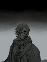 Rule 34 | 1boy, bags under eyes, chest guard, empty eyes, fate/grand order, fate (series), gradient background, grey background, greyscale, hair over one eye, hair pulled back, haori, highres, japanese clothes, looking at viewer, male focus, mask, monochrome, mouth mask, parted lips, qmiqun, scarf, smile, solo, upper body, yamanami keisuke (fate)
