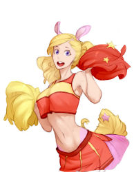 Rule 34 | 1girl, :d, animal ears, bare shoulders, blonde hair, breasts, buck teeth, centaur, cowboy shot, crop top, crop top overhang, cropped shirt, holding, holding pom poms, horse ears, looking at viewer, materclaws, medium breasts, miniskirt, monster girl, navel, open mouth, original, pleated skirt, pom pom (cheerleading), pom poms, ponytail, purple eyes, red skirt, simple background, skirt, smile, solo, taur, teeth, white background