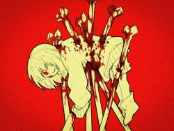 Rule 34 | 1other, bleeding, blood, blood on clothes, blood on leg, blush stickers, bone, boots, chara (undertale), dangling, empty eyes, from side, full body, hair over one eye, impaled, injury, long sleeves, looking at viewer, looking to the side, monochrome, one eye covered, other focus, red background, red eyes, short hair, shorts, simple background, sleeves past fingers, sleeves past wrists, smile, solo, sweater, undertale, xigua648