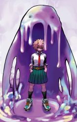 Rule 34 | 1girl, acid, afro, ashido mina, belt, black sclera, boku no hero academia, cleaned, closed mouth, collared shirt, colored sclera, colored skin, female focus, full body, green skirt, hair between eyes, hands in pockets, highres, horikoshi kouhei, horns, long sleeves, looking at viewer, medium hair, necktie, official art, pink hair, pink skin, red necktie, shirt, shirt tucked in, shoes, skirt, sleeves past elbows, sleeves rolled up, slime, smile, sneakers, socks, solo, solo focus, standing, textless version, watch, white shirt, wristwatch, yellow eyes