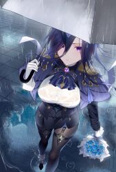 Rule 34 | 1girl, absurdres, ascot, black hair, blue cape, blue hair, blue hat, breasts, cape, clorinde (genshin impact), corset, epaulettes, genshin impact, gloves, hat, hat feather, hco3n, highres, holding, holding umbrella, jewelry, large breasts, long hair, long sleeves, looking at viewer, pantyhose, purple eyes, rain, see-through, shirt, solo, tricorne, umbrella, vision (genshin impact), wet, wet clothes, white gloves, white shirt