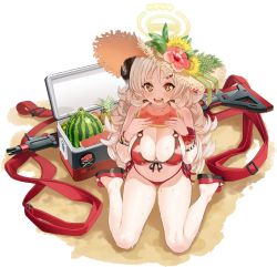 Rule 34 | + +, bikini, blue archive, blush, breasts, brown eyes, brown hair, cleavage, eating, flower, food, front-tie bikini top, front-tie top, fruit, full body, gun, hair ornament, hairclip, halo, halterneck, hat, horns, huge breasts, huge weapon, izumi (blue archive), izumi (swimsuit) (blue archive), long hair, looking at viewer, machine gun, nail polish, navel, o-ring, o-ring bikini, official alternate costume, official art, open mouth, red bikini, sandals, side-tie bikini bottom, sitting, solo, straw hat, swimsuit, thighs, transparent background, watermelon, weapon, wet, yellow hat