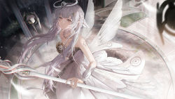 Rule 34 | 1girl, absurdres, accessories, bare shoulders, blurry, blurry background, breasts, brown eyes, detached sleeves, dress, drone, garden, hair ornament, halo, highres, holding, holding staff, jewelry, liv: empyrea (wings of dawn) (punishing: gray raven), liv (punishing: gray raven), long hair, looking at viewer, mada (shizhou), mecha musume, mechanical halo, mechanical wings, necklace, pillar, punishing: gray raven, robot, small breasts, staff, stairs, tattoo, tree, very long hair, white dress, white hair, white wings, wings