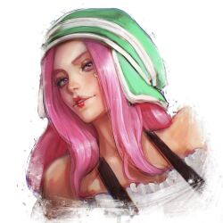 Rule 34 | 1girl, absurdres, anti-eyebrow piercing, bare shoulders, commentary, english commentary, green hat, hat, highres, idaero ace, jewelry bonney, lips, lipstick, long hair, looking at viewer, makeup, one piece, orange eyes, pink hair, realistic, red lips, smile, solo