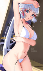 Rule 34 | 1girl, :o, absurdres, arm up, armpits, ayaka (genshin impact), bare arms, bare shoulders, bikini, blue eyes, blunt bangs, breasts, commentary request, cowboy shot, genshin impact, groin, highres, large breasts, long hair, looking at viewer, navel, parted lips, ponytail, s redbutterfly, sidelocks, solo, stomach, swimsuit, thighs, very long hair, white bikini, white hair