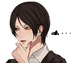 Rule 34 | ..., 1boy, bird, bishounen, black hair, black jacket, brown eyes, closed mouth, collared shirt, fingernails, hand on own chin, hand up, jacket, kagoya1219, lowres, male focus, original, parted hair, portrait, shirt, short hair, simple background, solo, straight hair, thinking, transparent background, white shirt