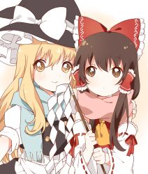 Rule 34 | 2girls, apron, ascot, black vest, blonde hair, bow, brown eyes, brown hair, closed mouth, commentary request, detached sleeves, frilled bow, frilled hair tubes, frills, gohei, green scarf, hair bow, hair tubes, hakurei reimu, hat, hat bow, holding, holding gohei, kirisame marisa, long hair, multiple girls, puffy short sleeves, puffy sleeves, red bow, red scarf, ribbon-trimmed sleeves, ribbon trim, sasaki sakiko, scarf, short sleeves, smile, touhou, very long hair, vest, waist apron, white bow, witch hat, yellow ascot, yellow eyes