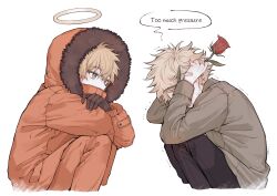 Rule 34 | 0o0 w o0, 2boys, animification, bandaid, bandaid on hand, blonde hair, commentary, covered mouth, crossed arms, english text, flower, fur-trimmed hood, fur trim, gloves, grey eyes, halo, hands on own head, highres, holding, holding flower, hood, hood up, jacket, kenny mccormick, long sleeves, male focus, multiple boys, pants, rose, short hair, south park, squatting, trembling, tweek tweak