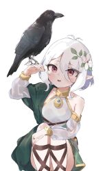 Rule 34 | 1girl, :d, bandaged leg, bandages, bare shoulders, bird, bird on hand, blush, cowlick, crow, detached sleeves, dot nose, elf, epi zero, flower, hair flower, hair ornament, highres, kokkoro (princess connect!), open mouth, pointy ears, princess connect!, red eyes, short hair, simple background, smile, white background, white hair