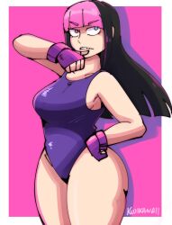 Rule 34 | 1girl, capcom, eyebrows hidden by hair, fingerless gloves, gloves, han juri, heterochromia, highres, kujikawaii, leotard, long hair, multicolored hair, street fighter, thick thighs, thighs, two-tone hair, workout clothes