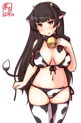 Rule 34 | 1girl, alternate costume, animal ears, animal print, artist logo, bell, bikini, black hair, breasts, commentary request, cow ears, cow horns, cow print, cow tail, cowbell, cowboy shot, dated, fake animal ears, fake horns, front-tie top, hair ribbon, horns, isokaze (kancolle), kanon (kurogane knights), kantai collection, large breasts, long hair, looking at viewer, one-hour drawing challenge, red eyes, ribbon, side-tie bikini bottom, simple background, solo, swimsuit, tail, thighhighs, tress ribbon, white background, white bikini, white thighhighs