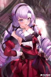 Rule 34 | 1girl, :d, black gloves, black hairband, black ribbon, breasts, chest tattoo, cleavage, detached sleeves, dress, drill hair, furrowed brow, gloves, hair ornament, hair ribbon, hairband, hands on own hips, hyakumantenbara salome, hyakumantenbara salome (1st costume), juliet sleeves, long hair, long sleeves, looking at viewer, medium breasts, mujinbensin, nijisanji, off-shoulder dress, off shoulder, open mouth, puffy sleeves, purple hair, red dress, ribbon, smile, solo, sparkle, stairs, symbol in eye, tattoo, very long hair, virtual youtuber